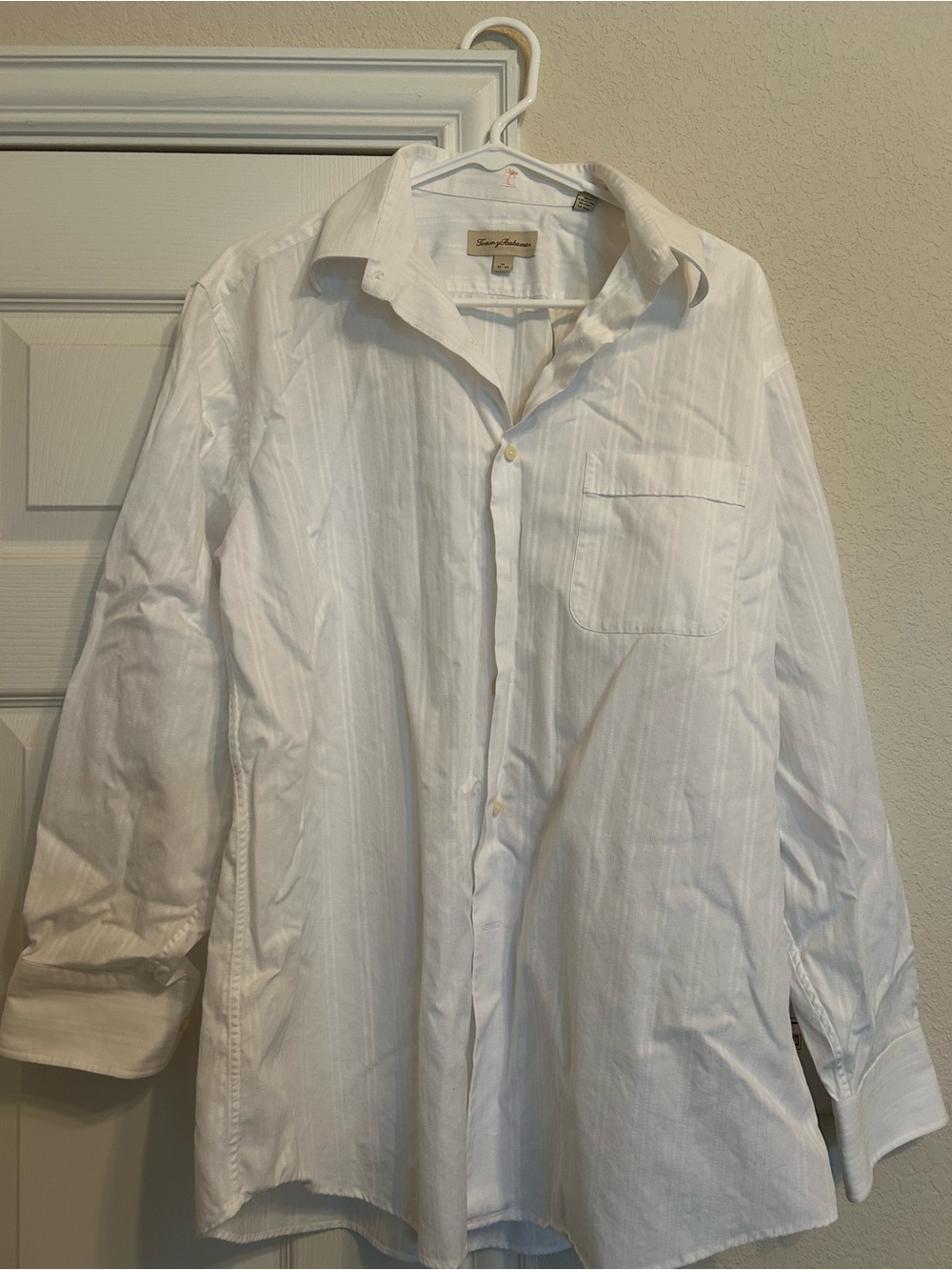 Tommy Bahama White Button-Up Shirt with Pale Pink Palm Embroidery